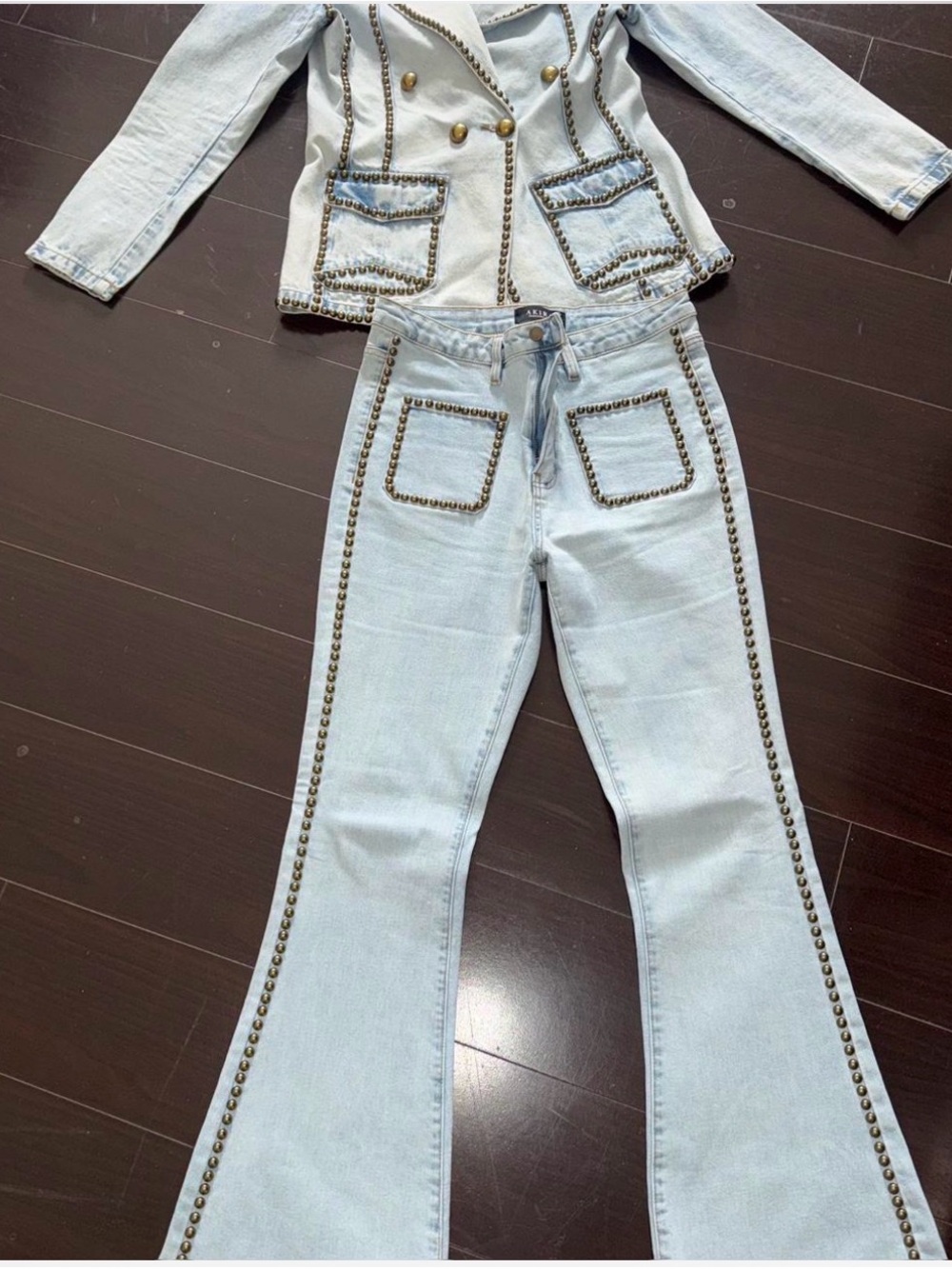 Stud-Trim Light Wash Denim Jacket & Flare Jeans Set